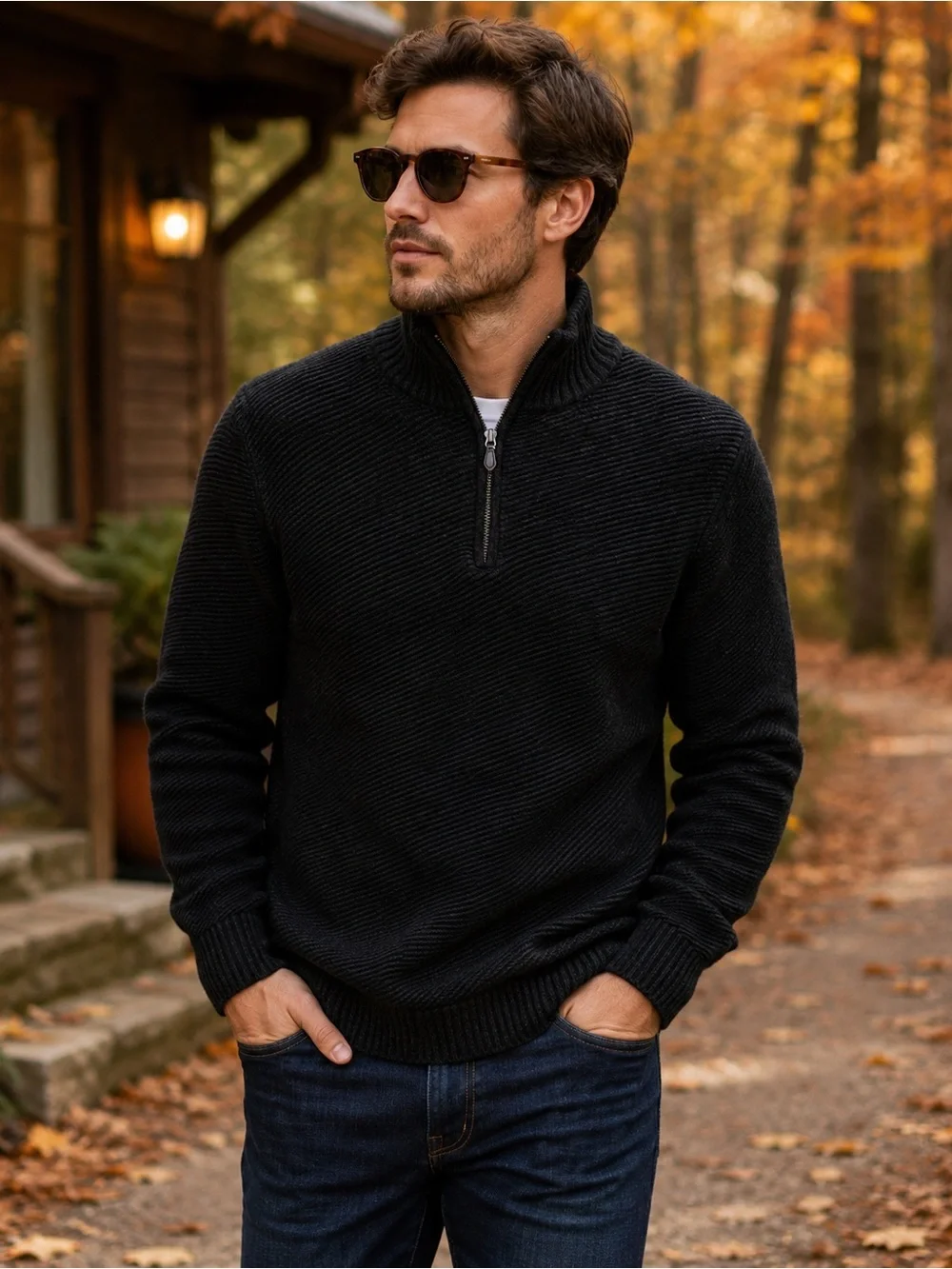 Covington Black Quarter Zip Mock Neck Sweater Men’s Medium Ribbed Pullover Knit